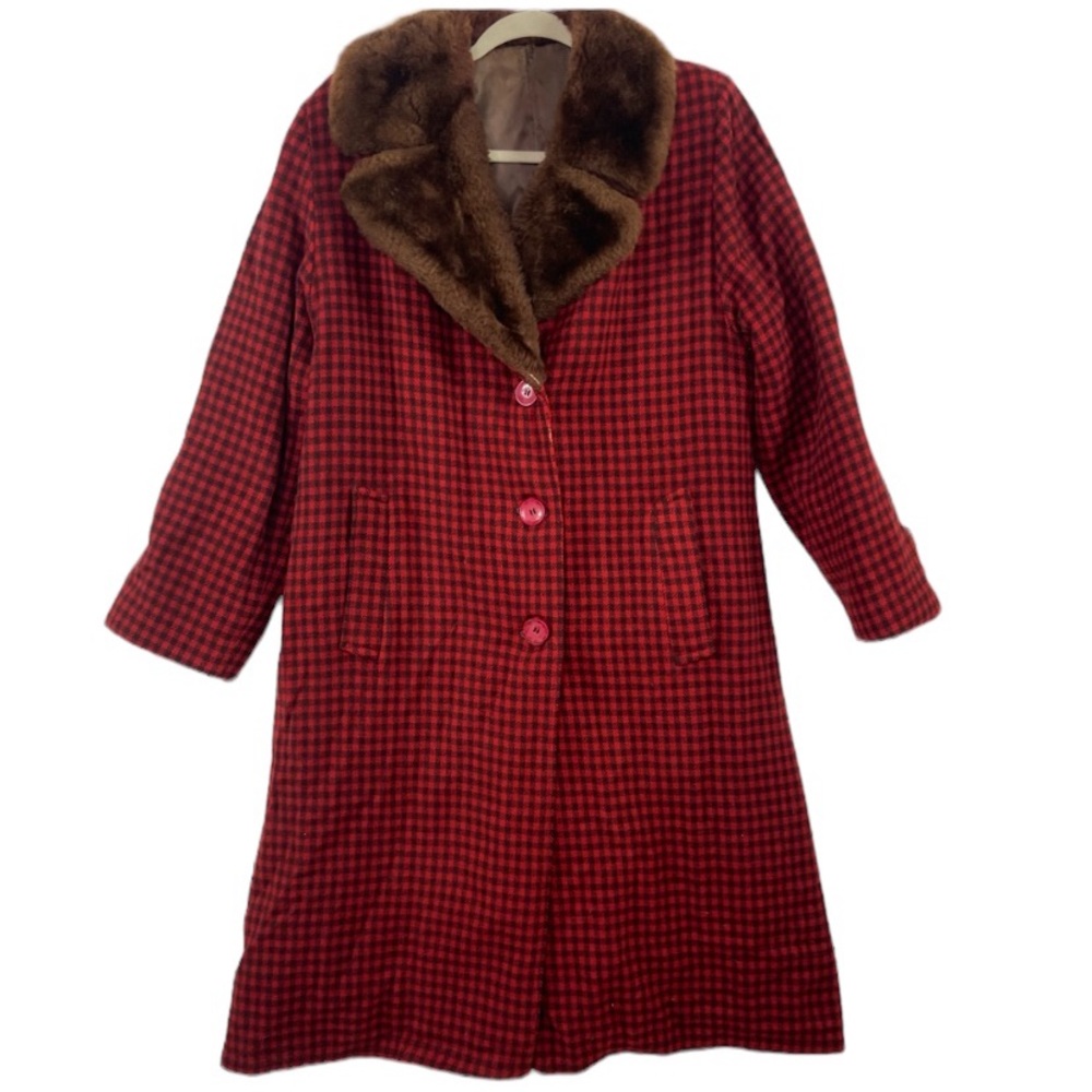 Vintage wool heavy thick long faux fur red plaid coat.